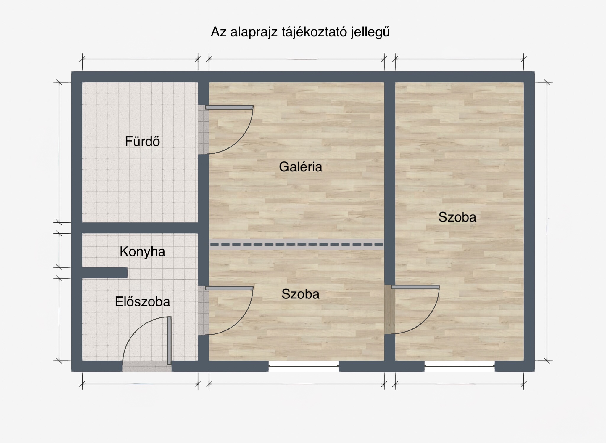Floor plan of the flat: entrance hall, kitchen, bathroom, two rooms, gallery