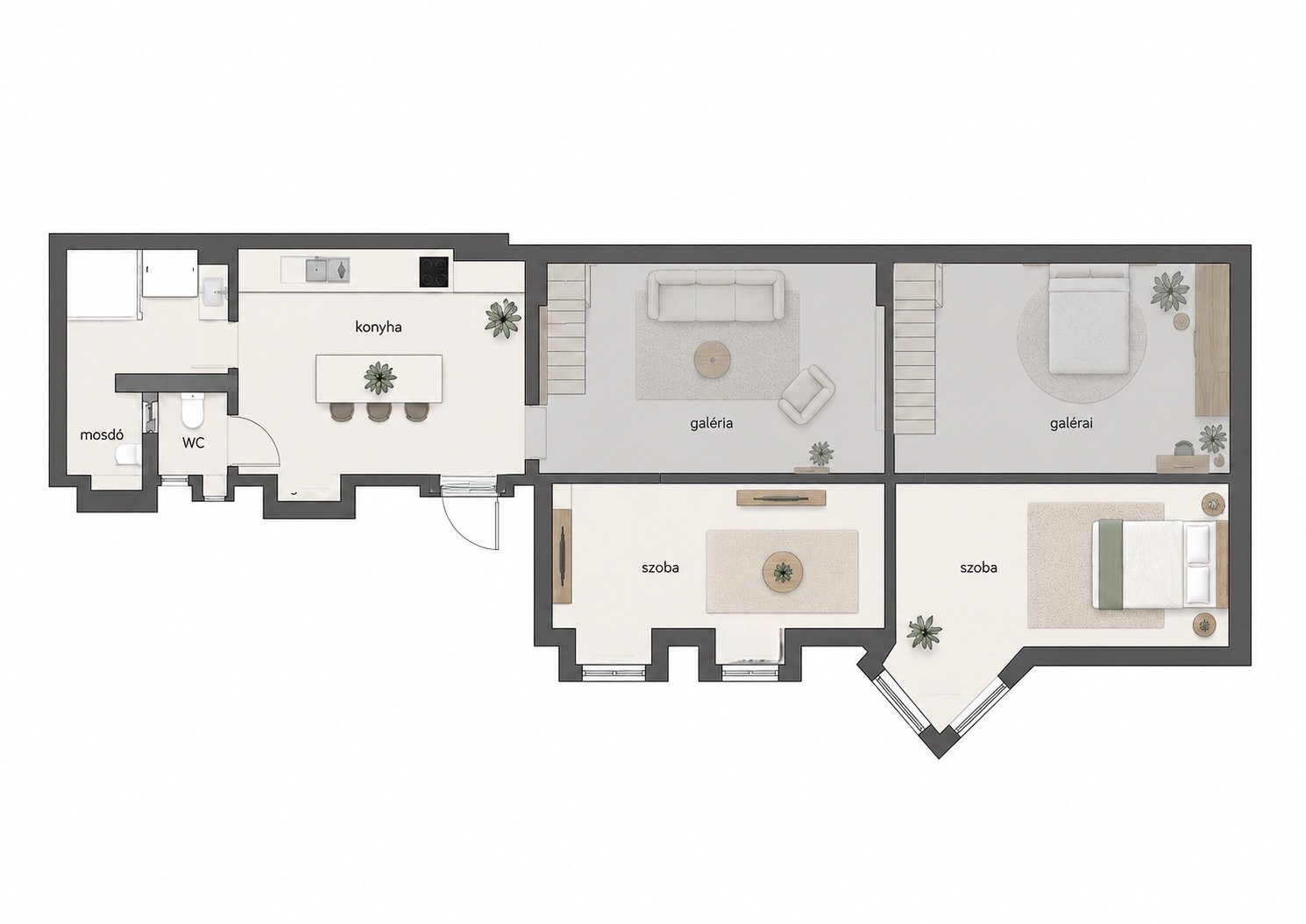 Floor plan of the flat with two rooms and two mezzanines