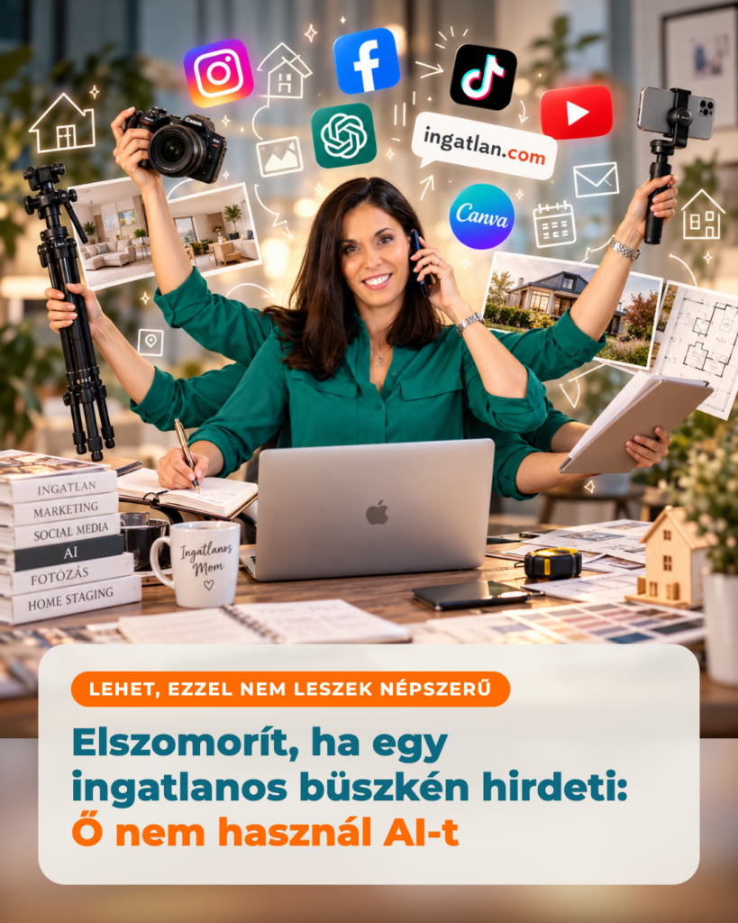 Gaál-Kindel Petra ingatlanos az íróasztalánál, körülötte a munkaeszközei: fényképezőgép, állvány, telefon, közösségi média és AI ikonok